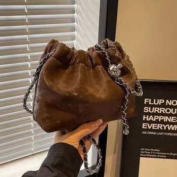 Сумка корейская высококачественная универсальная сумка-ведро осень-зима матовая ретро 2024 новая цепочка сумка-мессенджер женская чёрный