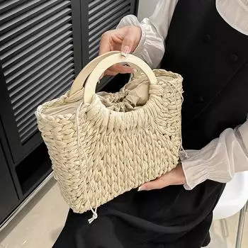 Сумка-корзина с деревянной ручкой, бумажные плетеные женские сумки ручной работы, летняя пляжная сумка, повседневные праздничные кошельки 27x10x22cm хаки