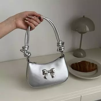 Сумка Летняя Маленькая Квадратная Сумка Текстурированная Сумка Через Плечо С Бантом Из ПУ Модная Универсальная Сумка Подмышкой Женская Сумка серебряный