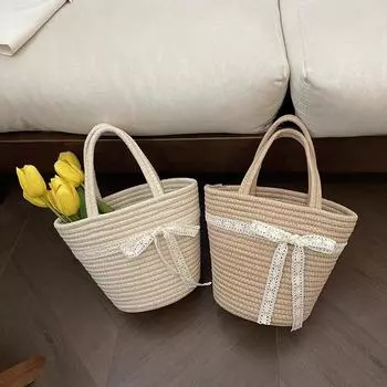 Сумка, летняя свежая хлопковая нить, тканая сумка, женская большая вместительная корзина для овощей с бантом, сумка-ведро для отдыха по фэн-шуй