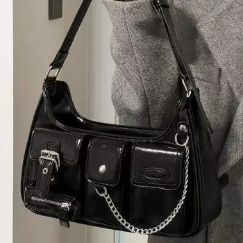 Сумка-локомотив, дизайн, крутая, красивая, много карманов, черная, универсальная, через плечо, сумка через плечо, цветная, пикантная, для девушек, сумка на цепочке One Size чёрный