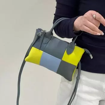 Сумка Longxiang в клетку, подобранная по цвету, небольшая и изящная.. Это сумка из натуральной овчины для женщин и универсальная сумка через плечо. 24x4x15cm синий/серый