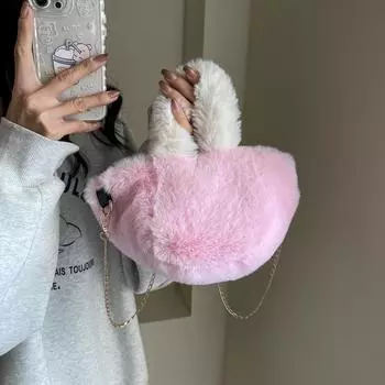 Сумка Mao Mao 2024 года, зимняя новая модная маленькая переносная сумка-тоут, повседневная универсальная сумка-мессенджер, контрастная цветная плюшевая сумка чёрный