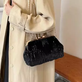Сумка-мешок 2024 Весна Новая Сумка-цепочка Маленькая Свежая Плюшевая Ручная Женская Сумка Через Плечо чёрный