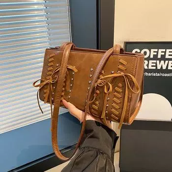 Сумка-мешок для дальних поездок на одно плечо из замши с бантом в стиле ретро, корейская женская сумка Niche