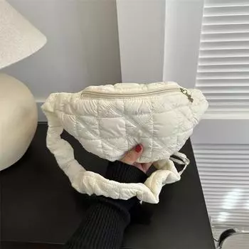 Сумка-мешок из хлопка с пухом, осень и зима, новая мягкая плиссированная сумка-мессенджер в виде облака, модная женская поясная сумка с вышивкой ромбами белый
