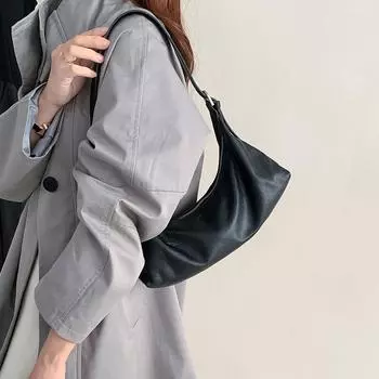 Сумка-мешок Niche Cowhide Underarm Bage Lazy Commuter Baguette на одно плечо из натуральной кожи растительного дубления, женская сумка через плечо One Size чёрный