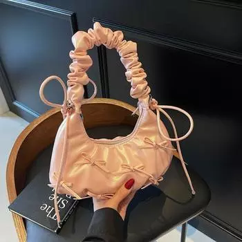 Сумка-мешок с бантом и завязкой под мышкой в корейском стиле, однотонная женская сумка-облако розовый