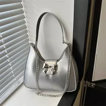 Сумка-мешок с бантом женская 2024 новая модная корейская версия однотонная сумка подмышками текстурная цепочка сумка-мессенджер чёрный