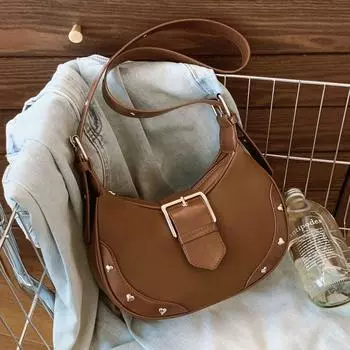 Сумка-мешок с текстурой под мышкой, женская модная сумка-седло, сумка-мессенджер с заклепками коричневый