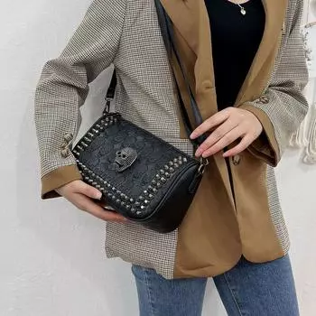 Сумка-мессенджер через плечо с рисунком черепа, черные заклепки Y2K Street Motorcycle Punk Wind Bag Halloween New