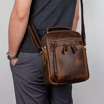 Сумка-мессенджер Crazy Horse из натуральной кожи Jiameida Nappa leather black чёрный