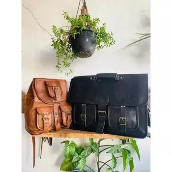 Сумка-мессенджер для ноутбука из натуральной черной козьей кожи ручной работы в винтажном стиле ( Бесплатный рюкзак из козьей кожи коричневого цвета, размер сумки - 10 x 13 ) 10 x 13 x 4 in чёрный