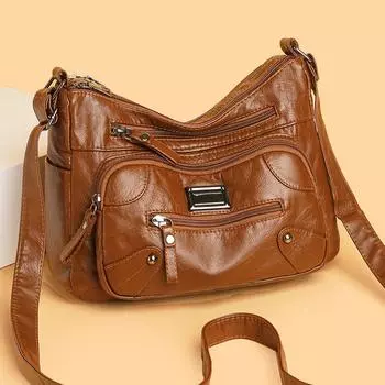 Сумка-мессенджер для женщин среднего и пожилого возраста, женская однотонная сумка из мягкой кожи с несколькими карманами серый