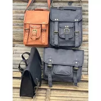 Сумка-мессенджер из козьей кожи для мотоцикла, ручная работа, черная, 2 сумки ( Бесплатный подарок 2 кожаные сумки-мессенджера коричневого/черного цвета размером 11 x 9 x 3 дюйма ) motorcycle- 11 x 9 x 3 in чёрный