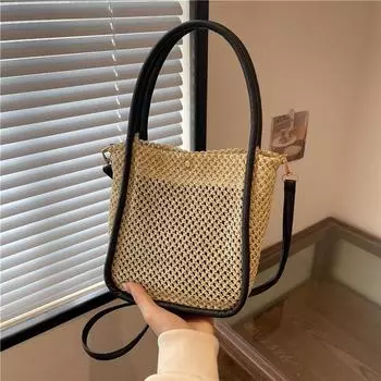 Сумка-мессенджер ручной работы в стиле ретро 2024 года, новый дизайн, контрастный цвет, повседневная переносная сумка через плечо из соломы для женщин чёрный