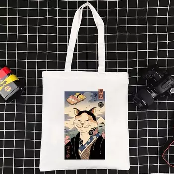Сумка-мессенджер с японским котом в стиле Харадзюку, большая сумка-тоут, многоразовая холщовая сумка, сумка через плечо для супермаркета, складная экосумка 24*26cm