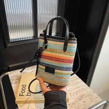 Сумка-мессенджер в богемном стиле для женщин, летняя модная сумка-мессенджер, плетеная сумка для мобильного телефона, пляжная сумка на берегу моря чёрный