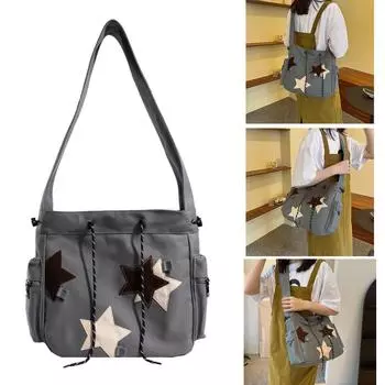 Сумка-мессенджер Y2K Canvas Star Bag Школьная сумка Большая вместительная сумка через плечо для подростков Универсальная винтажная сумка чёрный