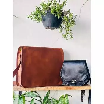 Сумка Messenger из козьей кожи коричневого цвета на плечо (Бесплатная черная сумка-слинг, размер - 9 x 7 x 3 дюйма ) 11 x 9 x 3 in коричневый