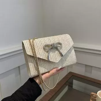 Сумка на цепочке со стразами, французская сумка с бантом, маленькая квадратная сумка через плечо из соломы коричневый