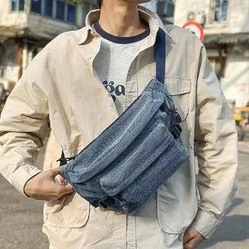 Сумка на грудь из денима, мужская поясная сумка, спортивная студенческая сумка через плечо чёрный