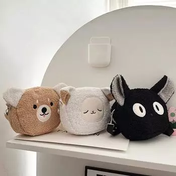 Сумка на одно плечо с мультяшными животными, осень-зима, плюшевая, милый кот, медведь, овца, регулируемая, для женщин и девочек, сумка через плечо, сумка для монет, чехол для телефона коричневый