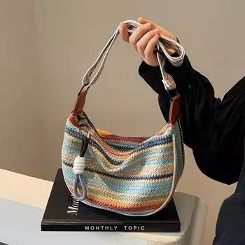 Сумка на одно плечо с широким наклонным плечевым ремнем радужного плетения, новая модная сумка на одно плечо из ткани ручной работы