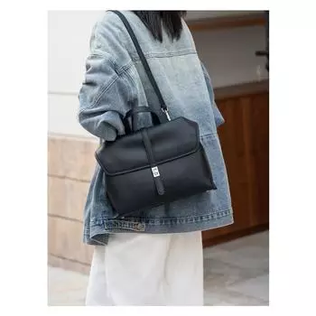 Сумка на одно плечо, женская сумка из двухслойной кожи, ранняя осень, большой вместимости, универсальная ручная сумка через плечо для поездок на работу чёрный