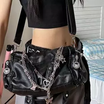 Сумка на плечо для женщин готические цепи черная мотоциклетная сумка повседневная PU панк мода сумка подмышкой 29X22X12cm чёрный