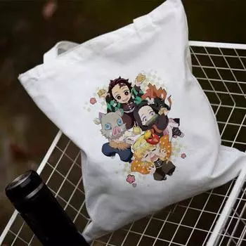 Сумка на плечо Kawaii Anime Ghost Slayer, парусиновая сумка, женские сумки Harajuku, мягкая многоразовая сумка для хранения, большая вместительная сумка-шопер 24*26cm