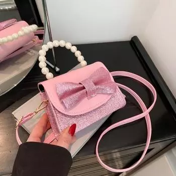 Сумка на плечо с цветными блестками, бантовые аксессуары, жемчужная сумочка в стиле принцессы, корейская версия мини-сумки контрастного цвета небольшого квадрата фиолетовый