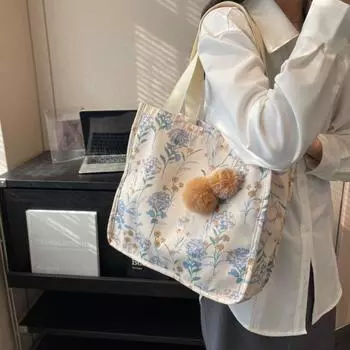 Сумка на плечо с цветочным принтом, большая вместимость, сумка в китайском стиле, холщовая сумка-тоут с цветочным принтом для покупок S