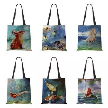 Сумка на плечо с изображением Русалки и пейзажем, 2022, женская многоразовая холщовая сумка-тоут Harajuku, повседневная складная сумка для покупок для покупок