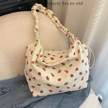 Сумка на плечо с клубничным принтом, плиссированная вельветовая сумка через плечо, новая большая вместительная сумка-ведро с рюшами для покупок, сумки
