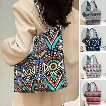Сумка на плечо в этническом стиле с ретро-принтом, большая вместительная вязаная сумка-тоут, простая холщовая сумка чёрный