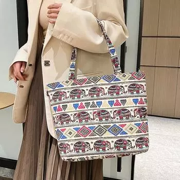 Сумка на плечо в этническом стиле с ретро-принтом, большая вместительная вязаная сумка-тоут, простая холщовая сумка чёрный