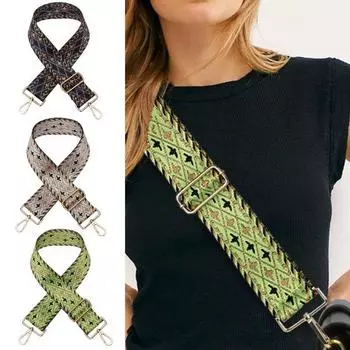 Сумка наплечный ремень жаккардовое переплетение длинный утолщенный регулируемый сменный этнический стиль женский зелёный