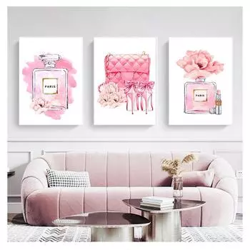 Сумка, настенная живопись на холсте, плакаты на скандинавскую тему и принты, настенные панно для декора гостиной, розовый Париж, духи, помады на каблуках 21cm30cm NoFrame