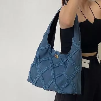 Сумка Niche Design Trendy Denim Canvas Bag, женская сумка с кисточками, вместительная повседневная сумка-тоут, большая сумка на одно плечо синий