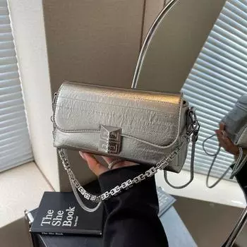 Сумка Niche Design, женская, новинка 2024 года, модная сумка через плечо, универсальная сумка через плечо из лакированной кожи, повседневная маленькая квадратная сумка 20*7*11 серебряный