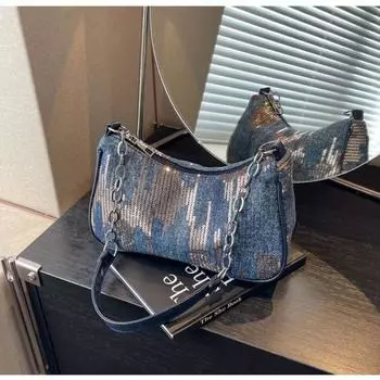 Сумка Niche Underarm, новая женская джинсовая винтажная сумка через плечо Pop-up, универсальная супер-популярная сумка на цепочке, женская сумка чёрный