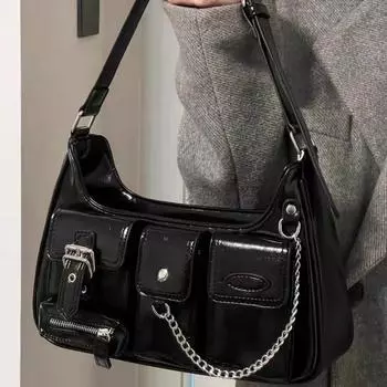 Сумка нишевого дизайна с ощущением высокого класса, с цепочкой в гонконгском стиле, сумка на одно плечо подмышкой и женская мотоциклетная сумка чёрный