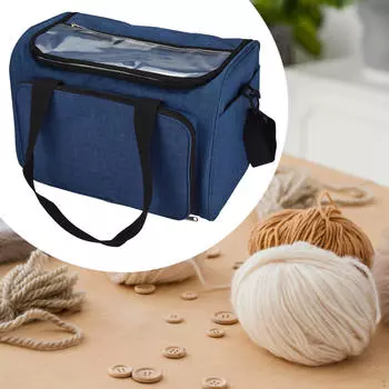 Сумка-органайзер для вязания крючком с несколькими карманами для хранения пряжи на плече синий