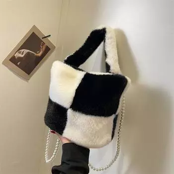 Сумка осень/зима 2023 года, женская, новая модная клетчатая ручная сумка-ведро, повседневная сумка через плечо с жемчужной цепочкой