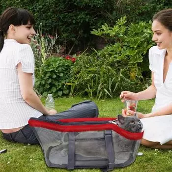 Сумка-переноска для домашних животных Сумка большой вместимости Дышащая сетчатая сумка для прогулок для домашних животных на молнии для переноски кошек серый/красный