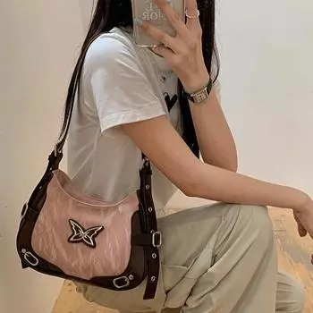 Сумка-подмышка с цепочкой в стиле ретро с бабочкой, женская модная однотонная сумка для покупок через плечо 2024 года, зимняя повседневная маленькая женская сумка через плечо чёрный