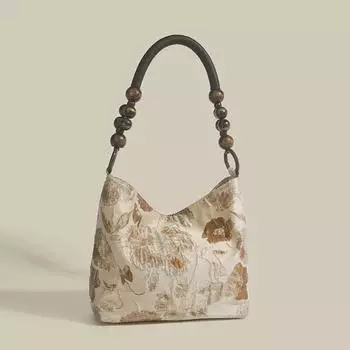 Сумка-подмышка жаккардовая Retro Caramel Macchiato с цепочкой из деревянных бусин темно-коричневого