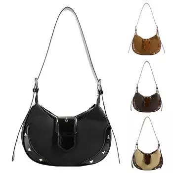 Сумка подмышкой для женщин с заклепками в форме полумесяца, сумка из искусственной кожи с регулируемым ремнем и внутренним карманом, сумка для работы и путешествий коричневый