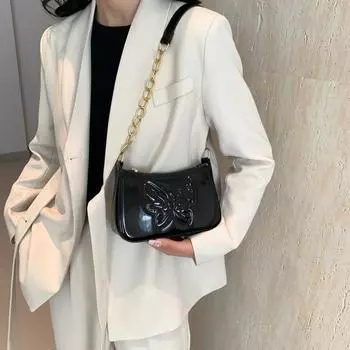 Сумка подмышкой из глянцевой лакированной кожи с тиснением в виде бабочки, новая женская сумка через плечо с цепочкой и текстурой, модная женская сумка в стиле ретро